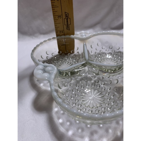 MOONSTONE OPALESCENT HOBNAIL 3-PART DIVIDED SERVING DISH 1940s-1950s - Picture 5 of 6